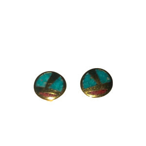 TURQUOISE Chip Inlay & Brass Round Stud Earrings Retro Signed COP Approx 5mm